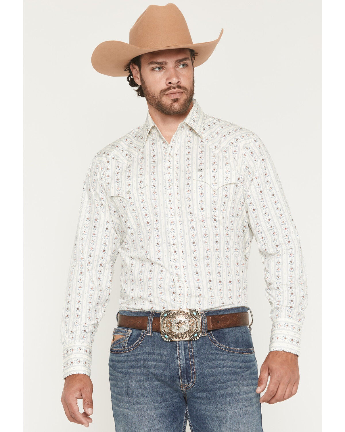 Image #1 - Ely Walker Men's Wallpaper Floral Stripe Print Long Sleeve Snap Western Shirt - Big, Cream, hi-res