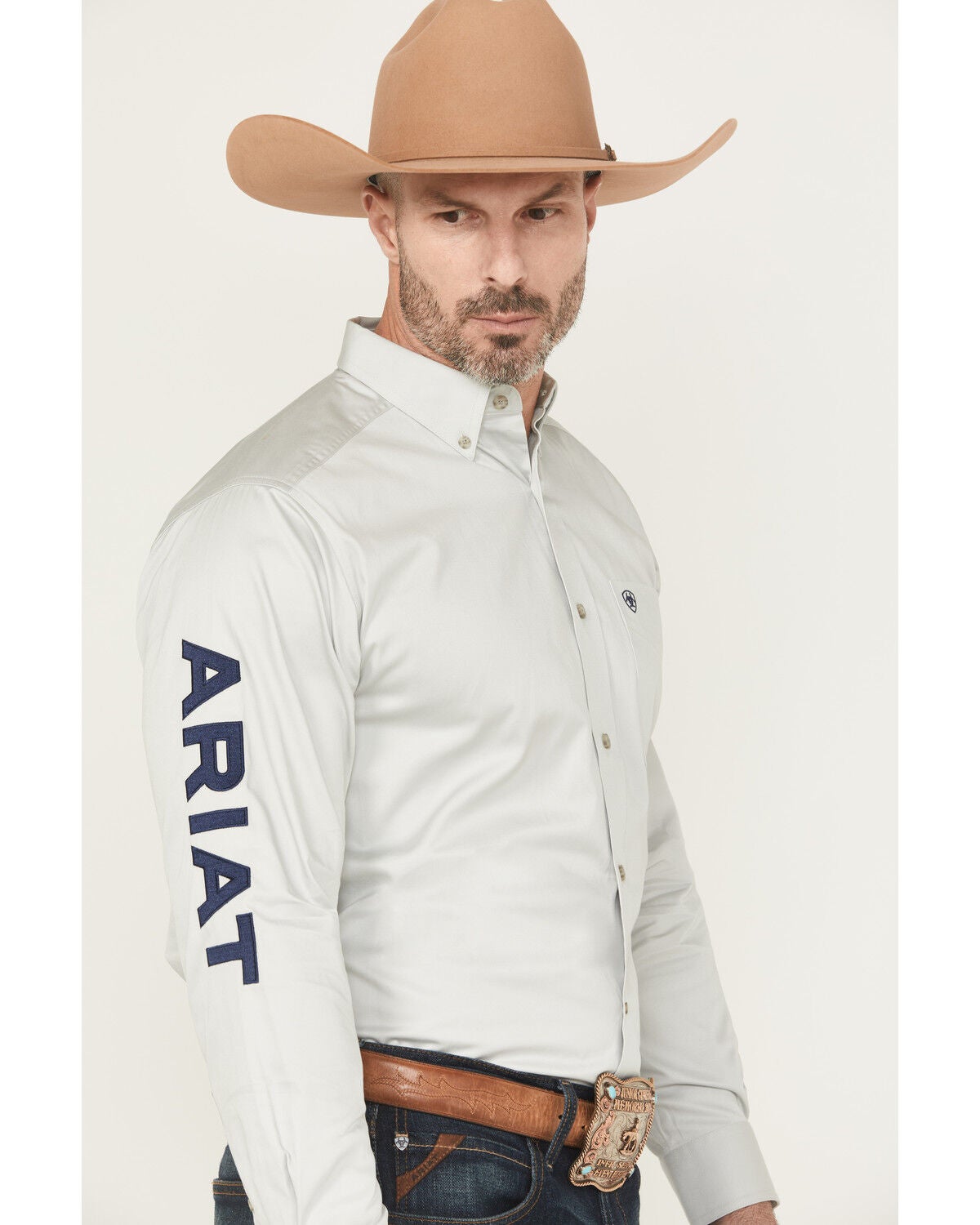 Ariat Men's Team Logo Twill Solid Long Sleeve Button-Down Western Shirt, Light Grey, hi-res