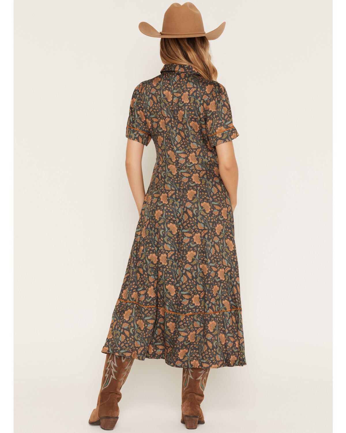 Image #4 - Sendero Provisions Women's La Dahlia Floral Print Short Sleeve Snap Midi Dress, Rust Copper, hi-res