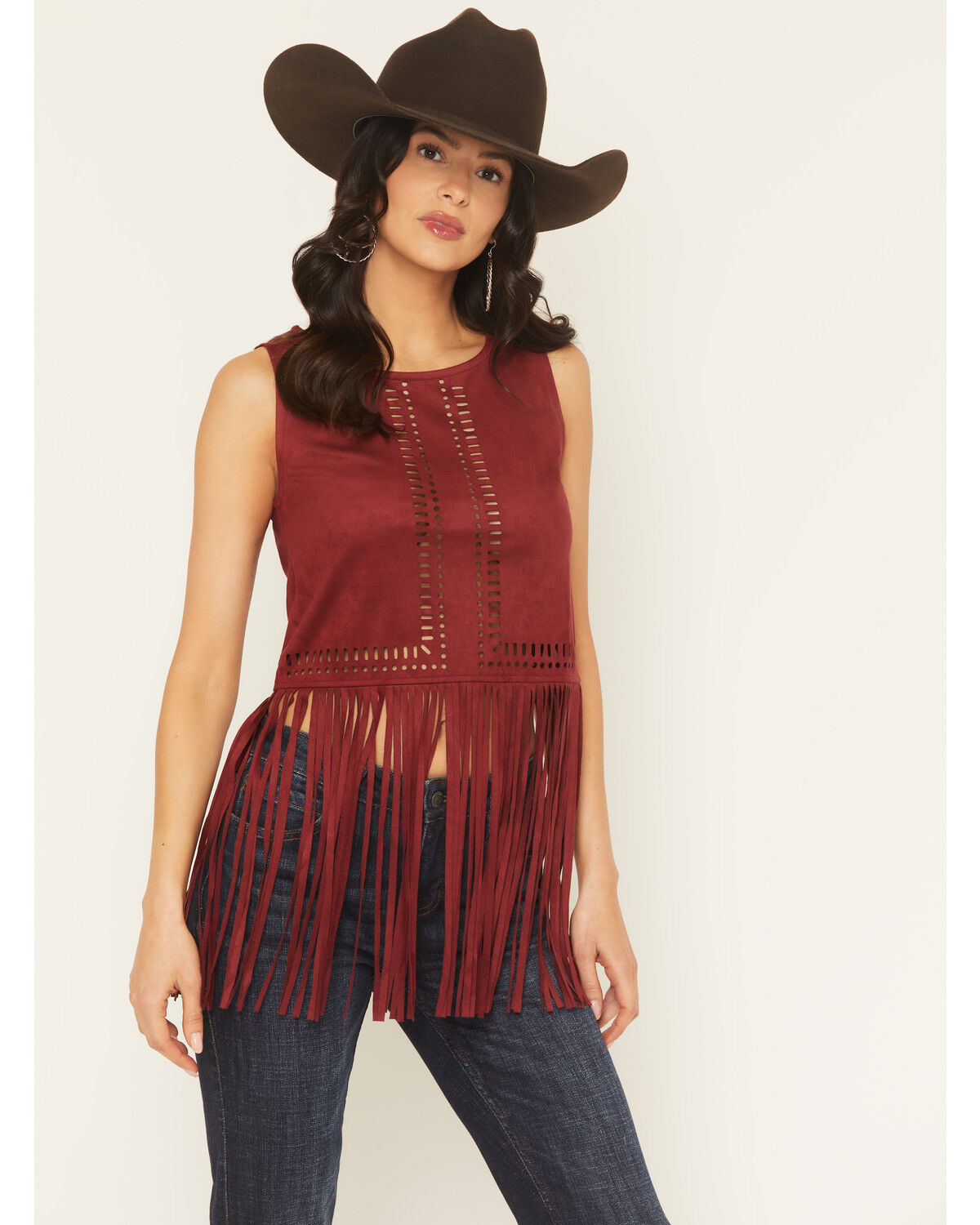 Image #1 - Idyllwind Women's Whitsett Cutout Faux Suede Fringe Tank Top, Cherry, hi-res