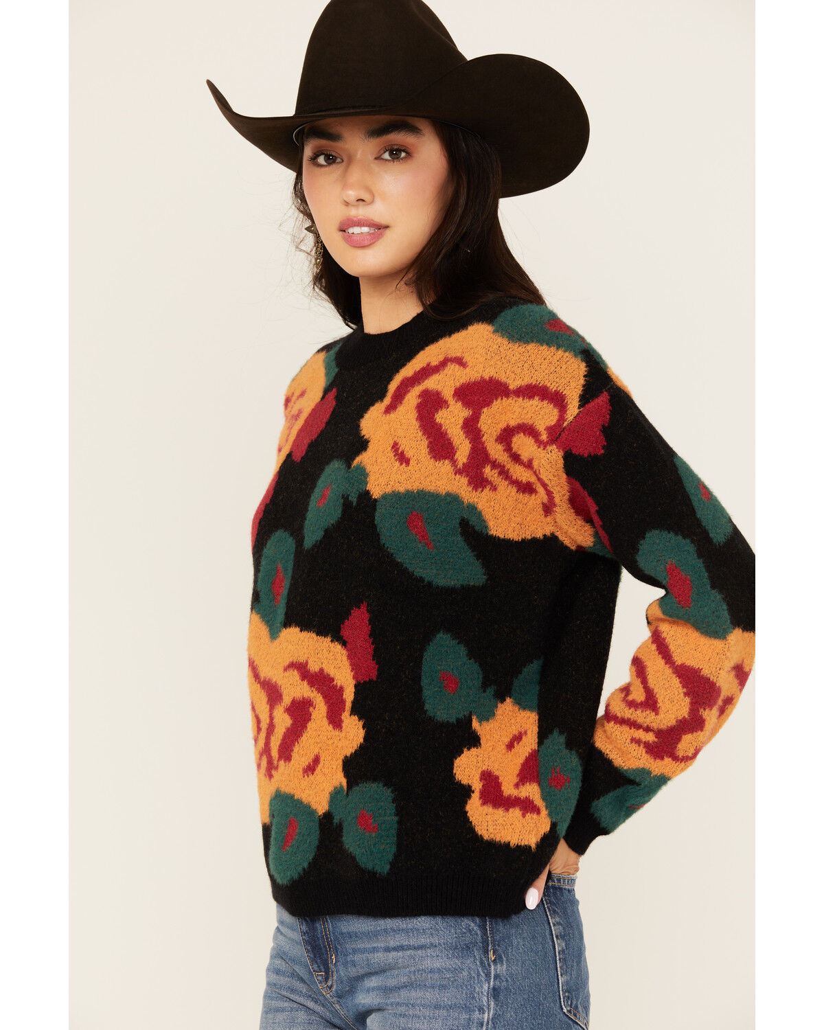 Image #2 - Evergreen Women's Floral Crew Neck Sweater, Black, hi-res
