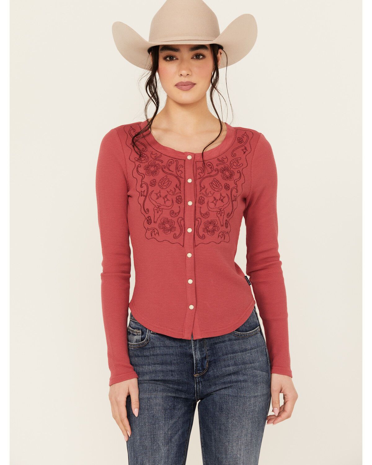 Image #1 - Wrangler Women's Embroidered Long Sleeve Snap Shirt, Light Red, hi-res