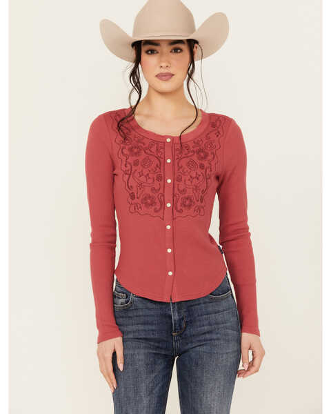 Wrangler Women's Embroidered Long Sleeve Snap Shirt , Light Red, hi-res