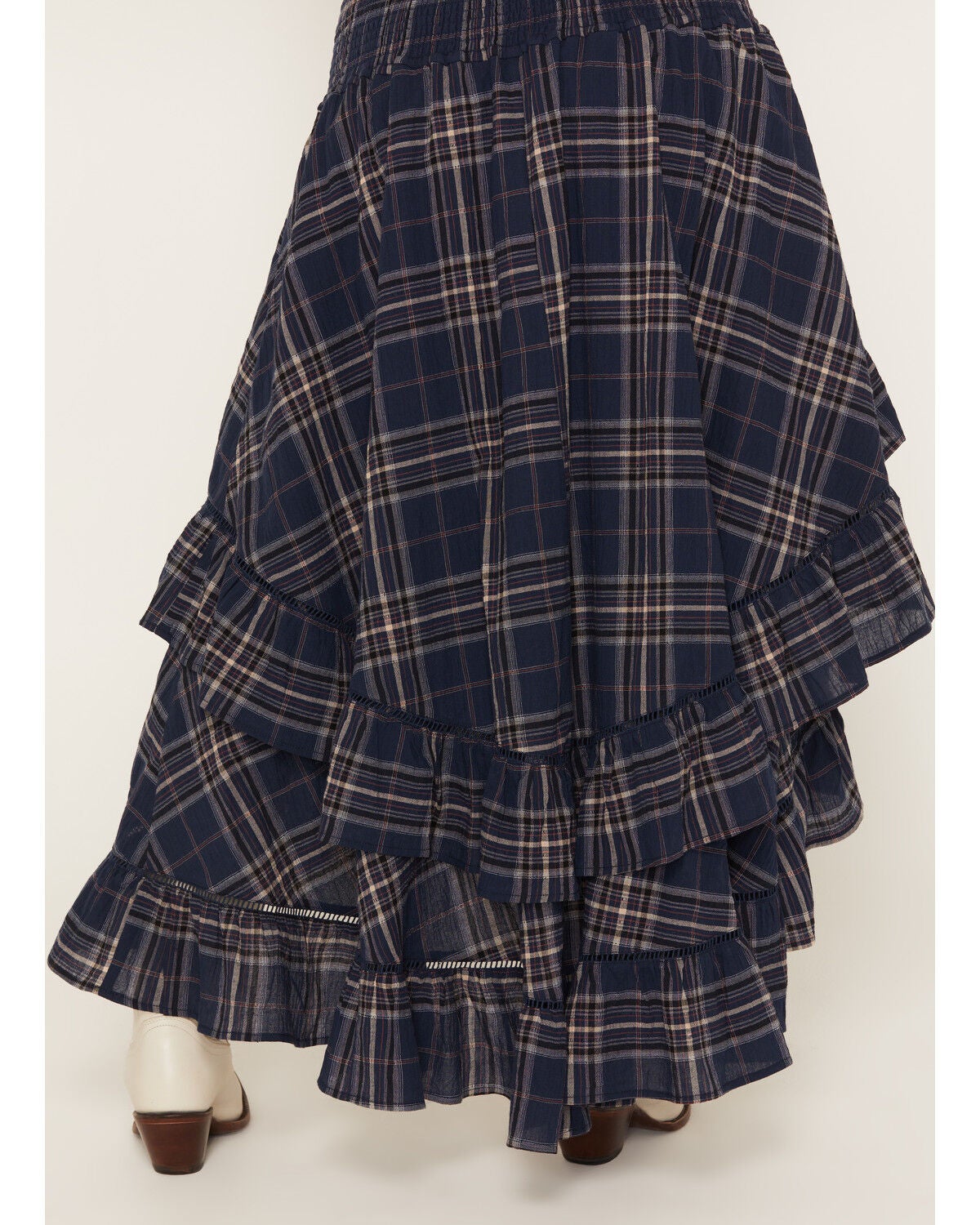 Image #4 - Cleo + Wolf Women's Plaid Print High Low Ruffle Midi Skirt, Navy, hi-res
