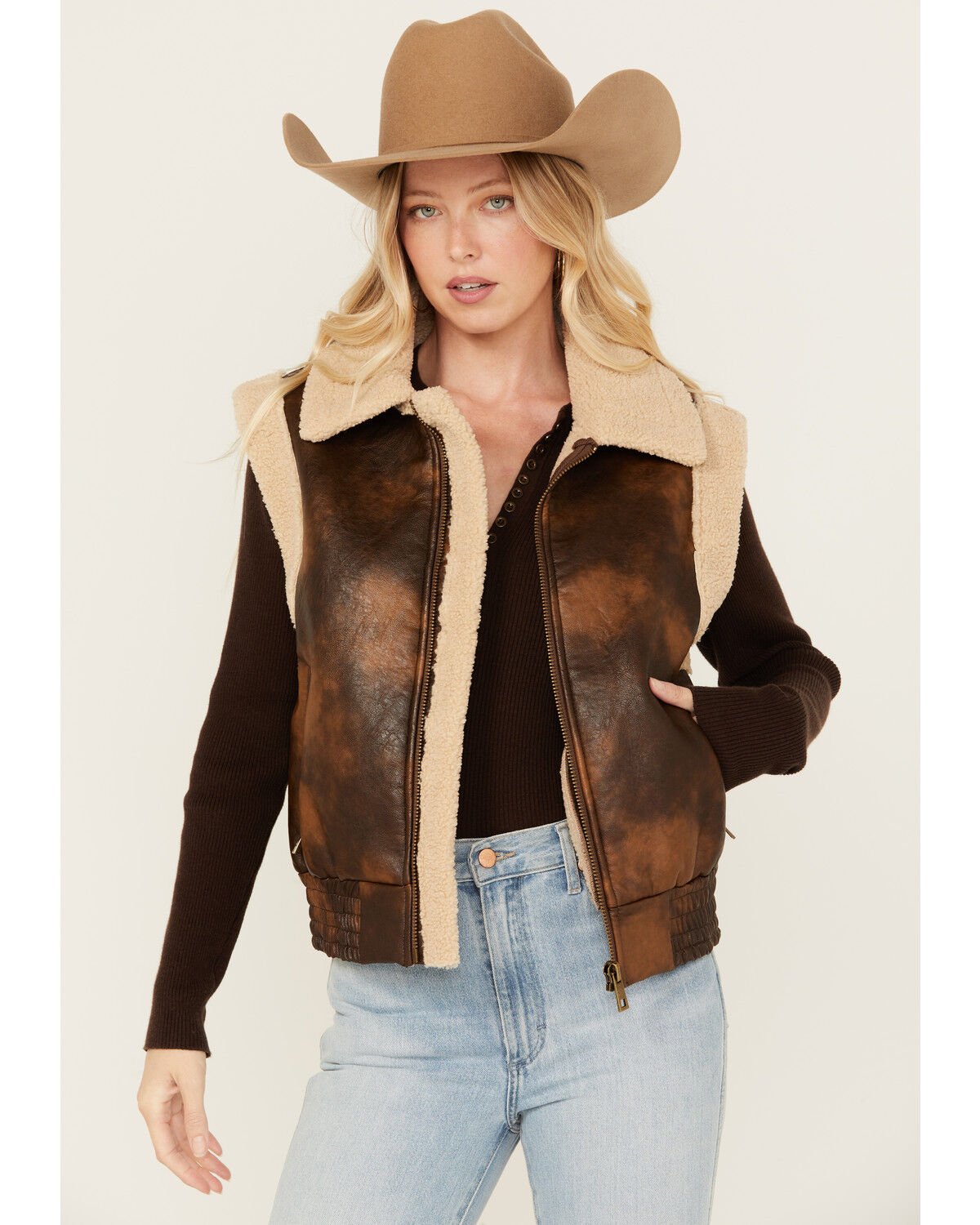 Image #1 - 26 International Women's Faux Leather Aviator Sherpa Vest, Brown, hi-res