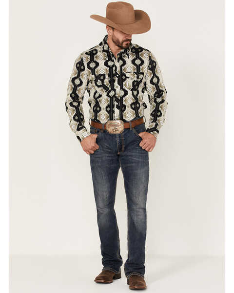 Image #2 - Rock & Roll Denim Men's Vertical Olive Southwestern Print Long Sleeve Snap Western Shirt , Olive, hi-res