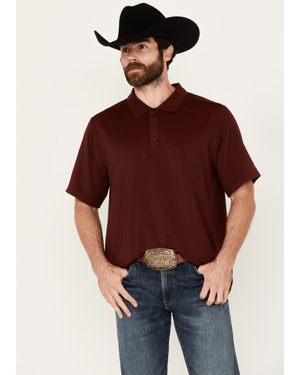 Image #1 - RANK 45® Men's Herringbone Short Sleeve Polo, Burgundy, hi-res