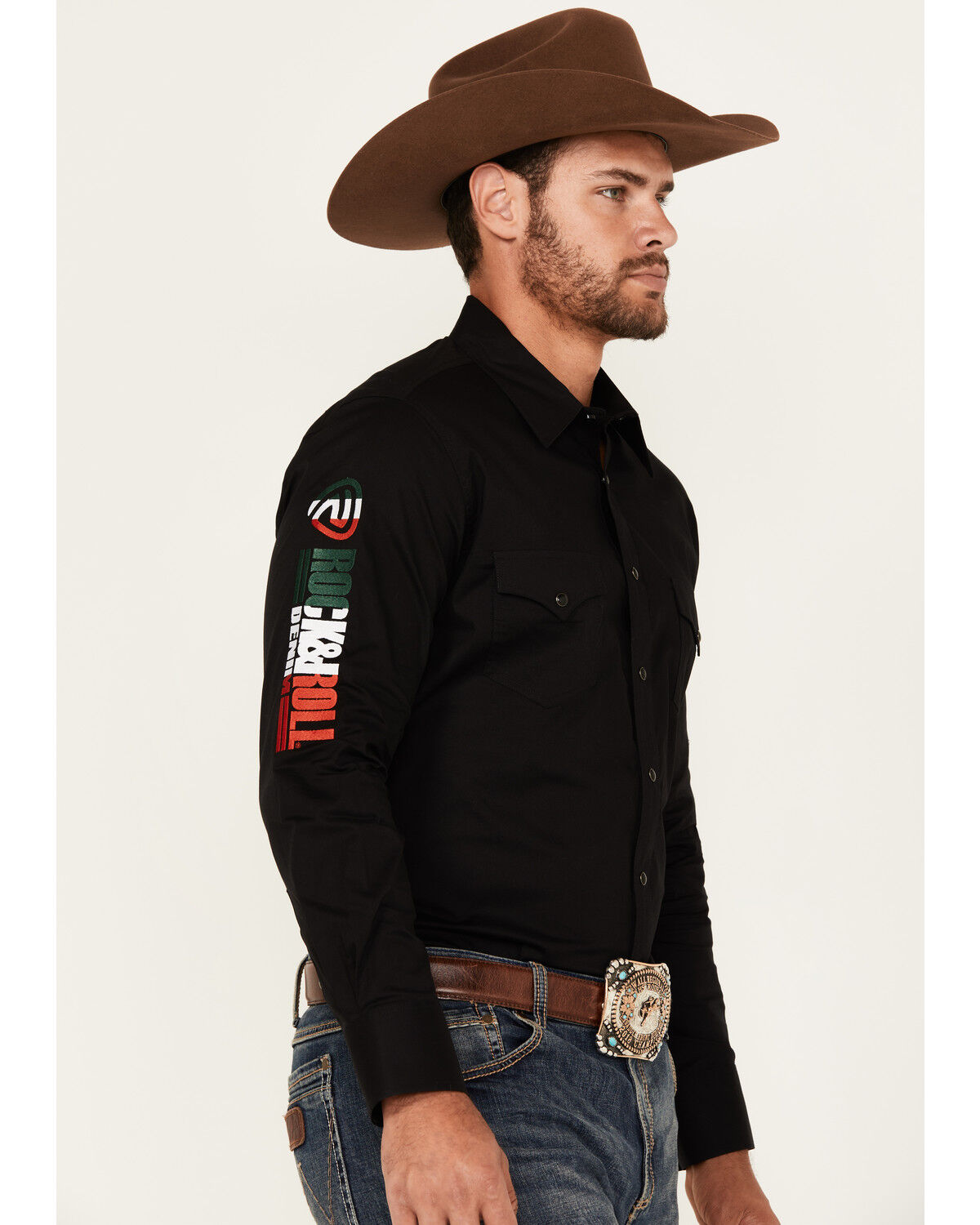 Image #1 - Rock & Roll Denim Men's Mexico Flag Embroidered Logo Long Sleeve Snap Stretch Western Shirt, Black, hi-res