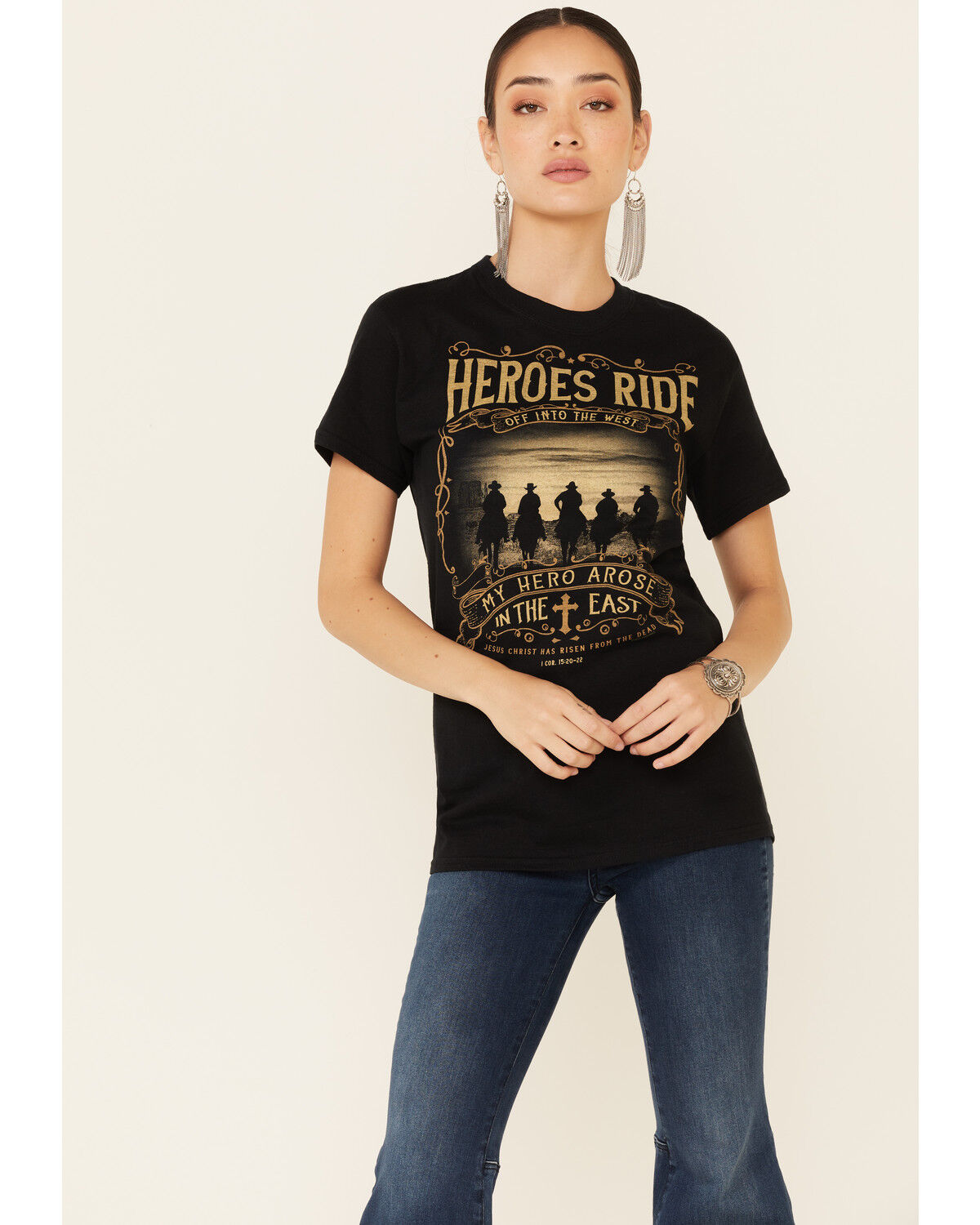 Image #1 - Kerusso Women's Heroes Ride Off Into The West Graphic Short Sleeve Tee, Black, hi-res