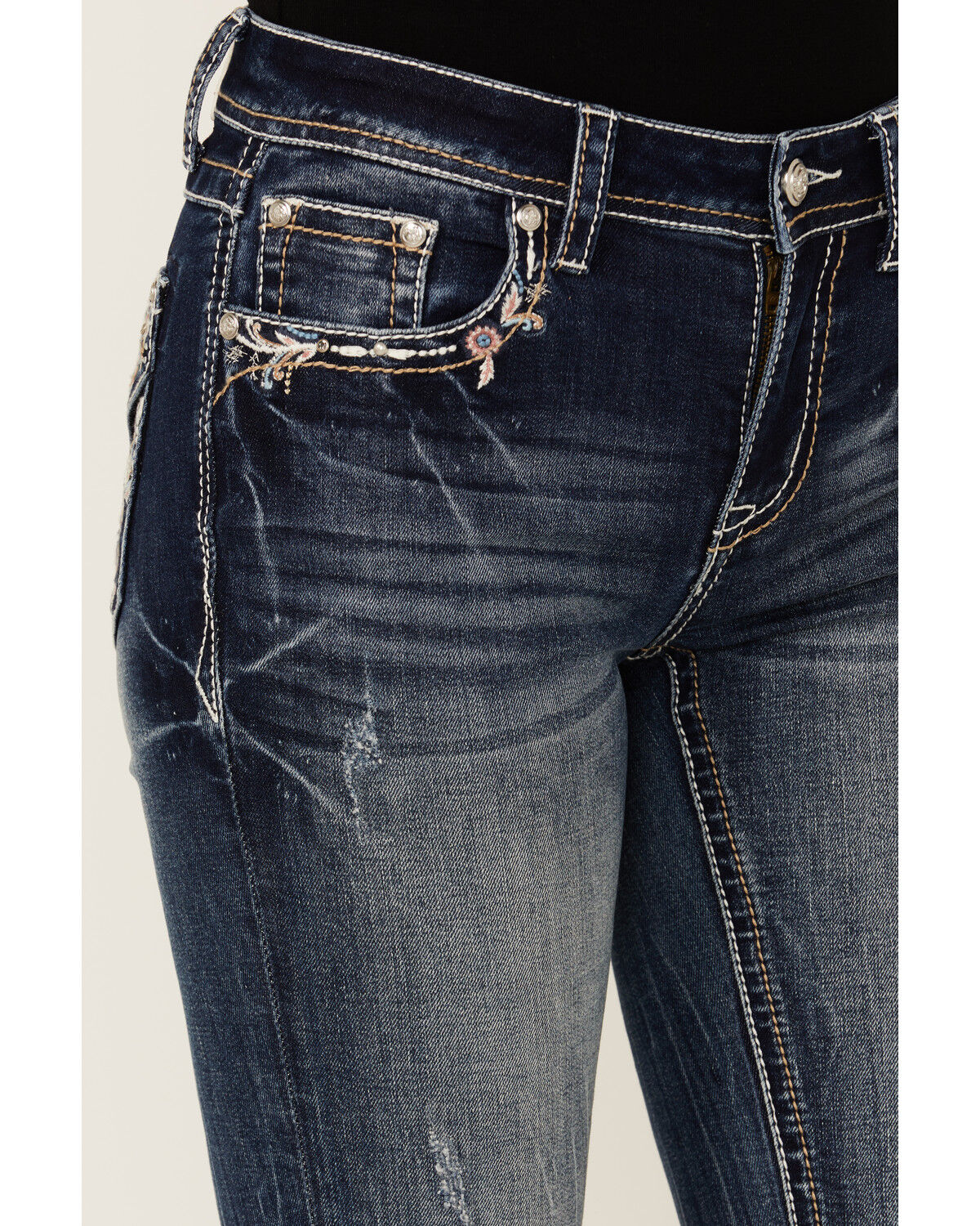 Image #4 - Grace In LA Women's Medium Wash Floral Paisley Embroidered Mid Rise Bootcut Stretch Denim Jeans, Medium Wash, hi-res