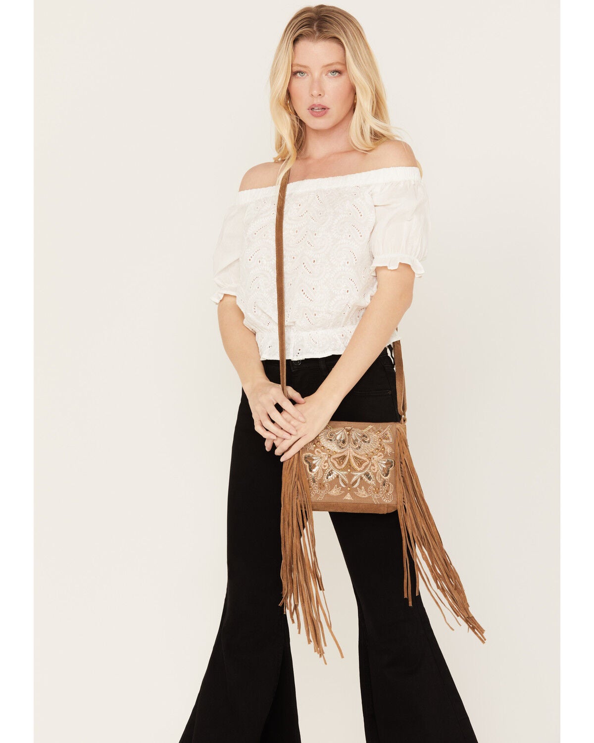 Shyanne Women's Light Brown Velvet Embroidered Crossbody Bag, Lt Brown, hi-res