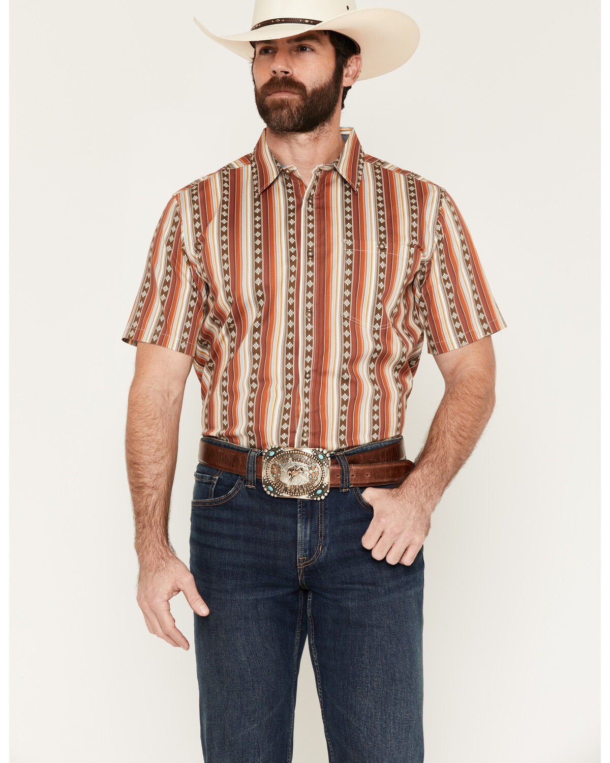 RANK 45&reg; Men's Sidelined Southwestern Stripe Print Short Sleeve Button-Down Stretch Western Shirt, Multi, hi-res