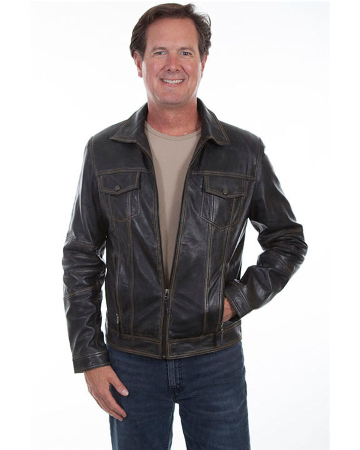 Image #1 - Scully Leatherwear Men's Black Vintage Leather Jacket, Black, hi-res