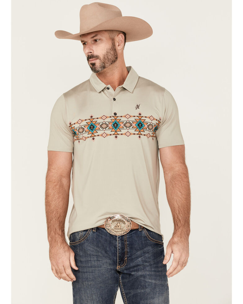 HOOey Men's The Weekender Southwestern Embossed Polo Shirt , Tan, hi-res