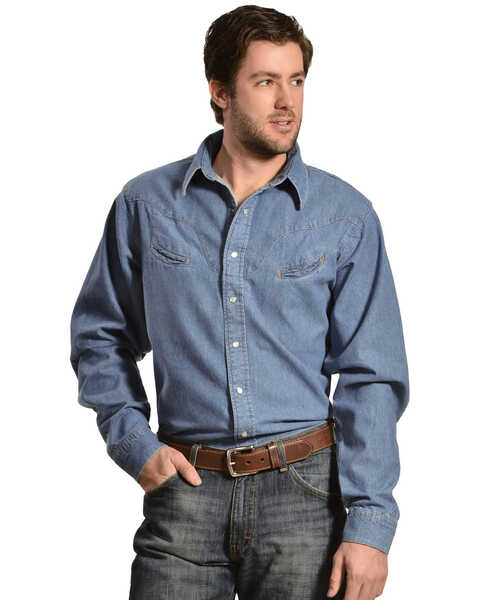Image #1 - Schaefer Men's Vintage Chisholm Long Sleeve Denim Work Shirt, Denim, hi-res