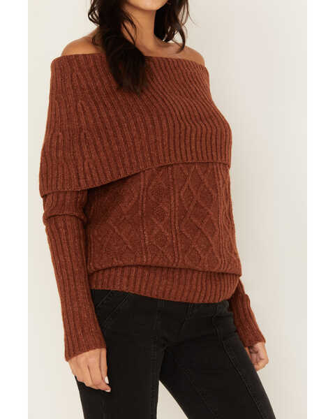 Image #4 - Shyanne Women's Off The Shoulder Cable Knit Sweater, Brown, hi-res