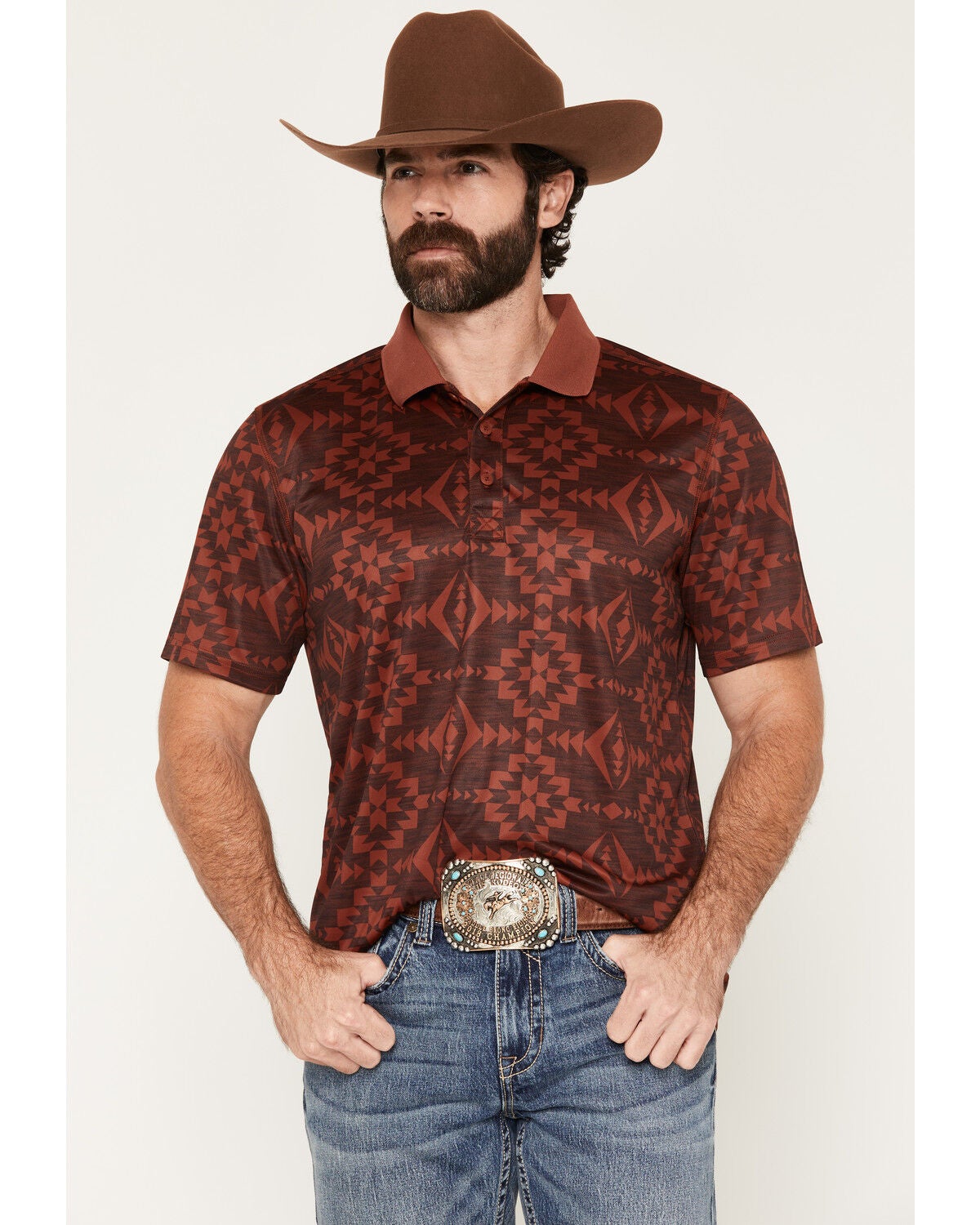 RANK 45&reg; Men's Tonal Southwestern Print Short Sleeve Button-Down Polo, Heather Red, hi-res