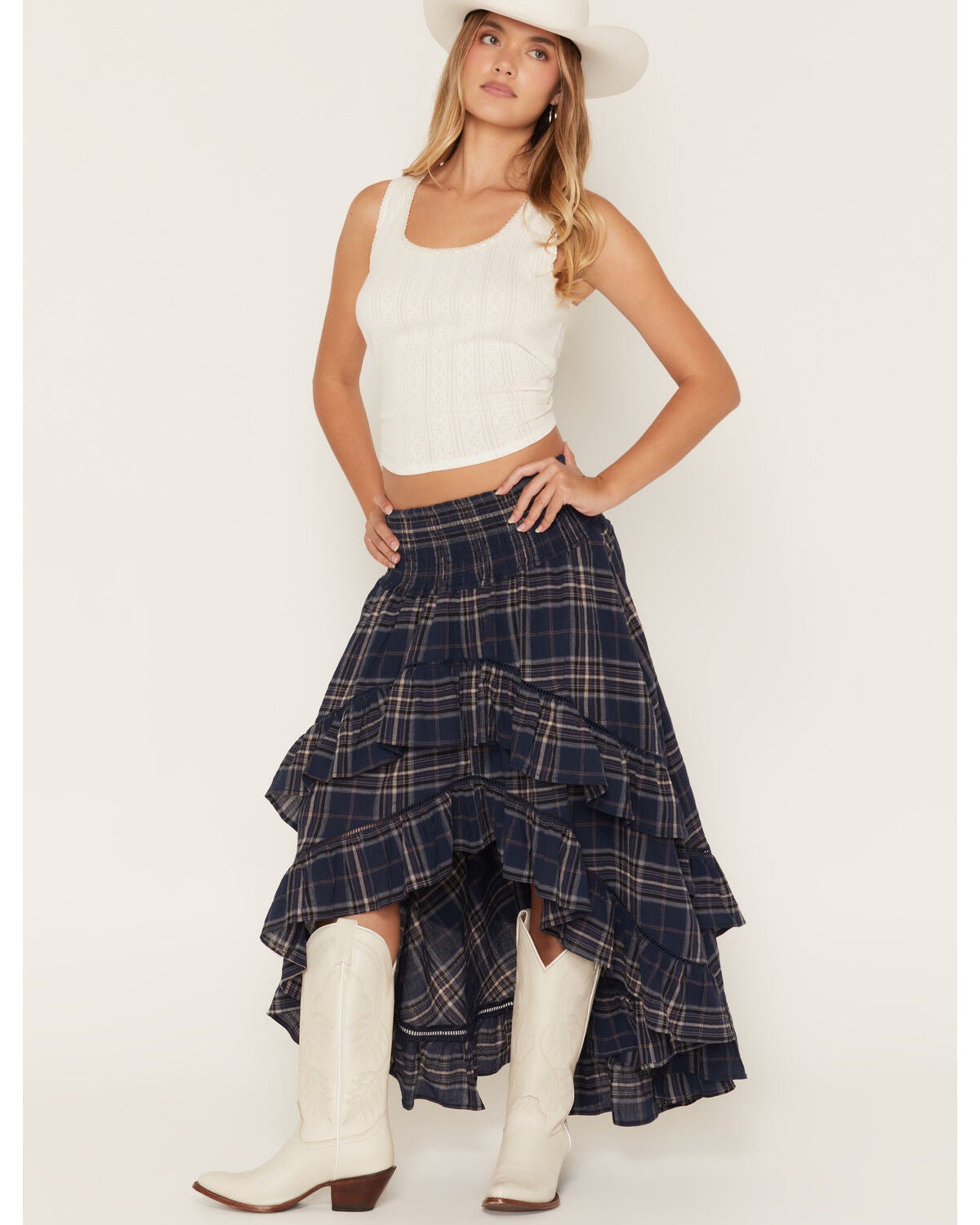 Image #1 - Cleo + Wolf Women's Plaid Print High Low Ruffle Midi Skirt, Navy, hi-res