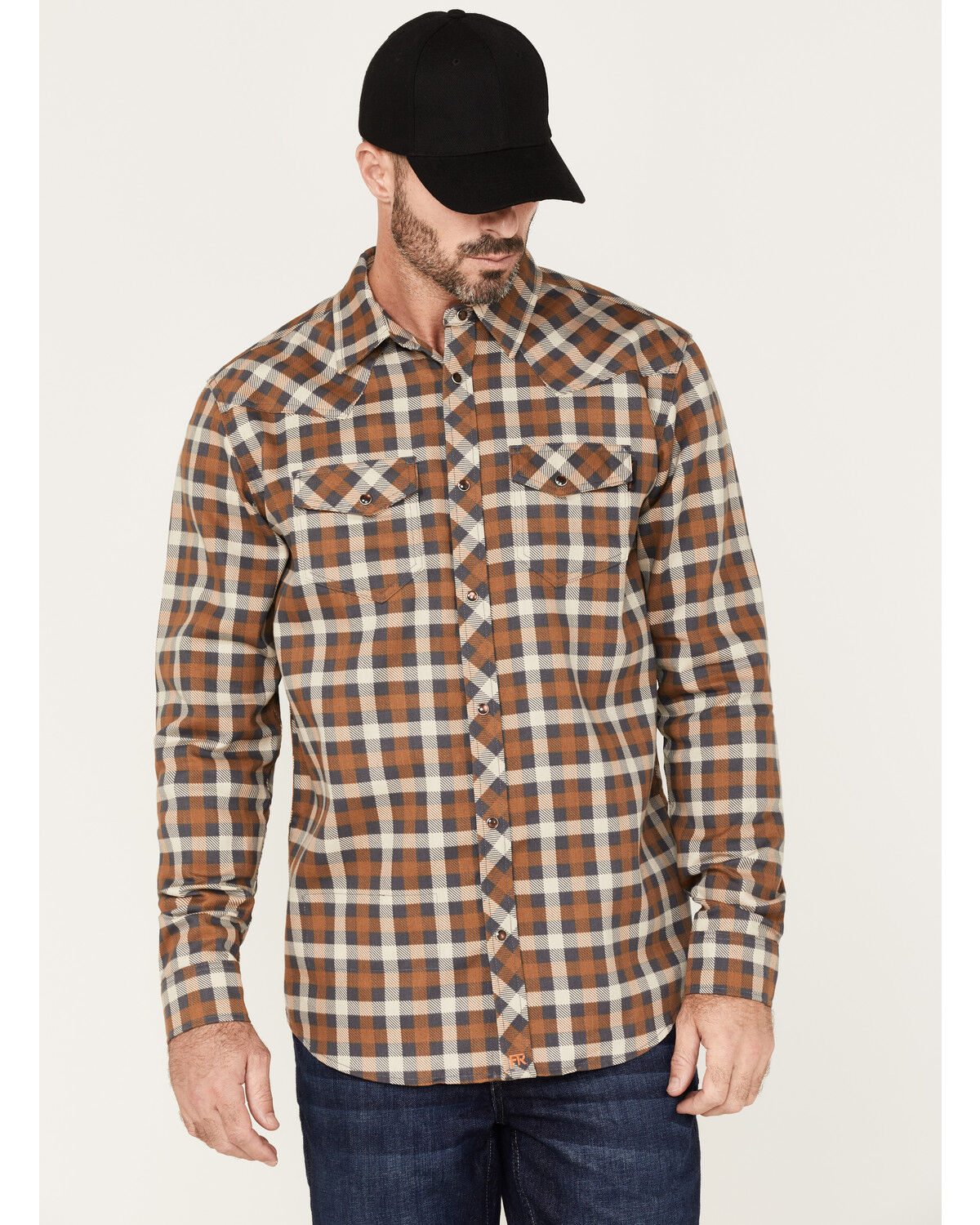 Image #1 - Cody James Men's FR Mini Buffalo Plaid Long Sleeve Snap Work Shirt, Beige/khaki, hi-res