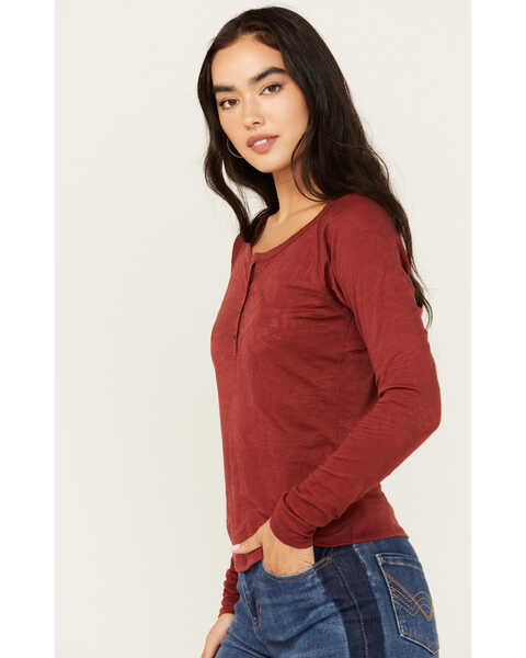 Image #2 - Shyanne Women's Long Sleeve Southwest Burnout Print Henley Shirt , Dark Red, hi-res