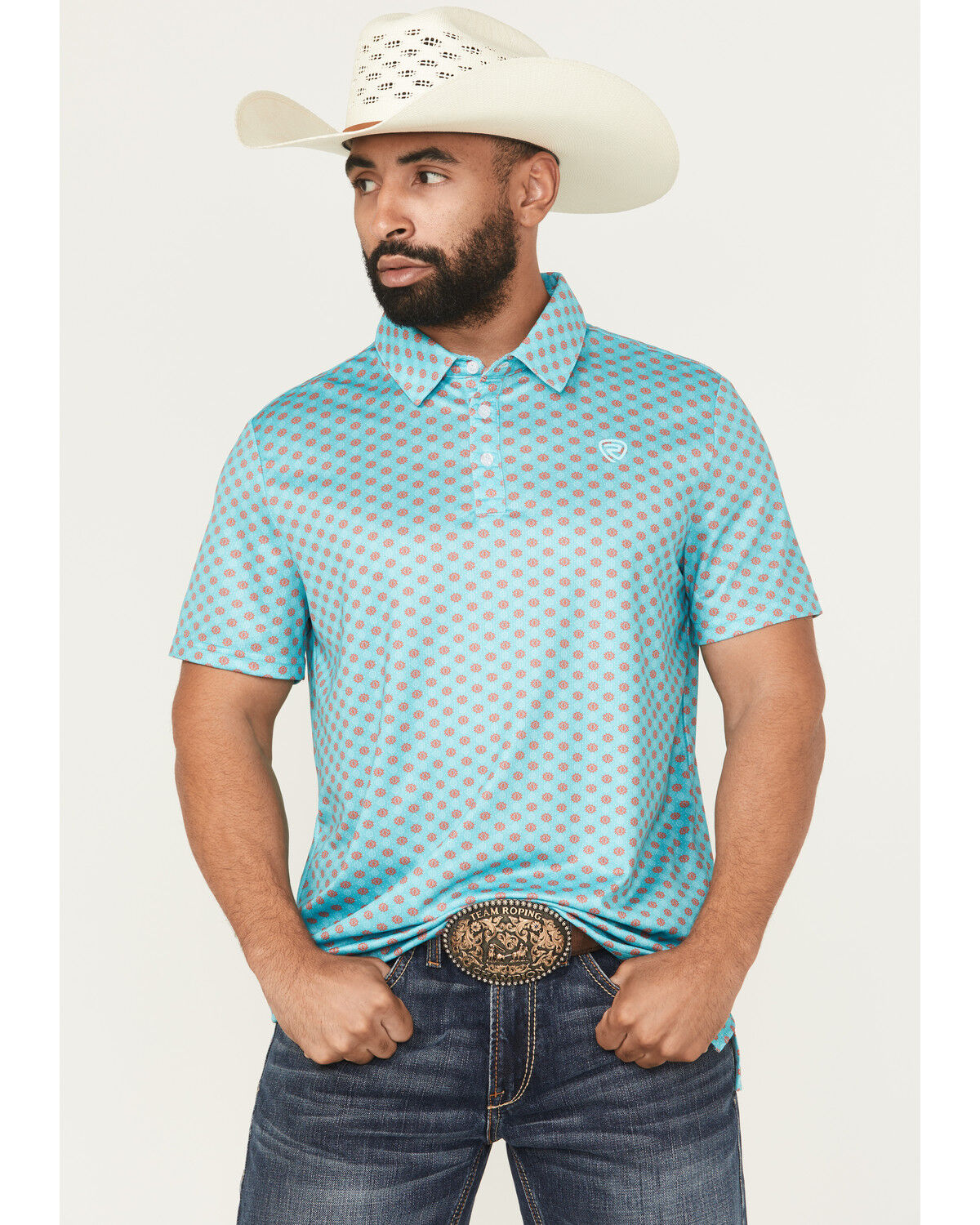 Image #1 - Rock & Roll Denim Men's Geo Print Short Sleeve Button-Down Stretch Polo Shirt, Teal, hi-res