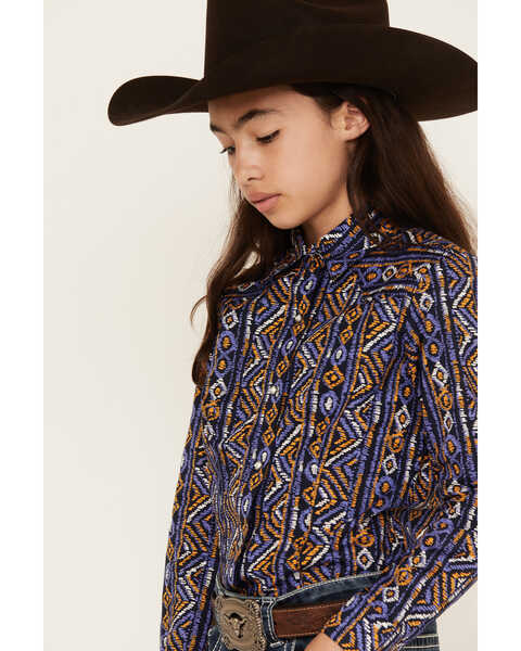 Image #2 - Cruel Girl Girls' Southwestern Stripe Print Long Sleeve Snap Western Shirt, Navy, hi-res