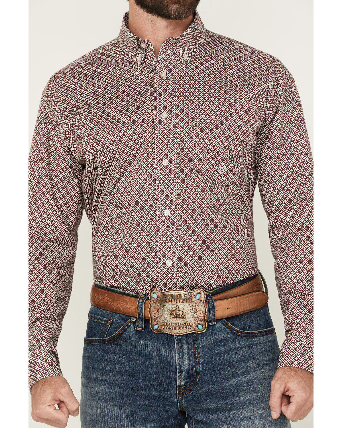Image #3 - Roper Men's Amarillo Geo Print Long Sleeve Button-Down Stretch Western Shirt, Wine, hi-res