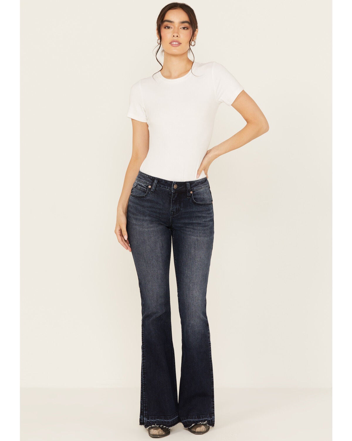 Shyanne Women's Foxtail Mid Rise Relaxed Hem Stretch Bootcut Jeans, Dark Wash, hi-res