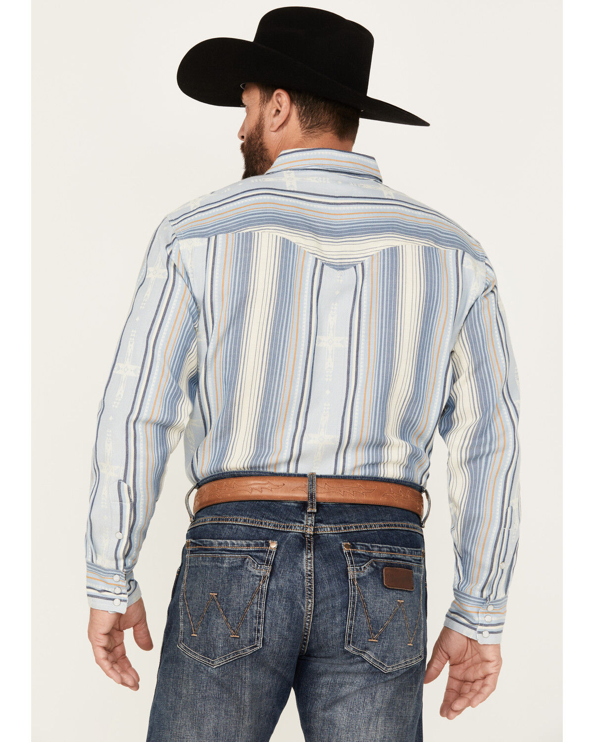 Image #4 - Scully Men's Serape Striped Long Sleeve Pearl Snap Western Shirt, Light Blue, hi-res