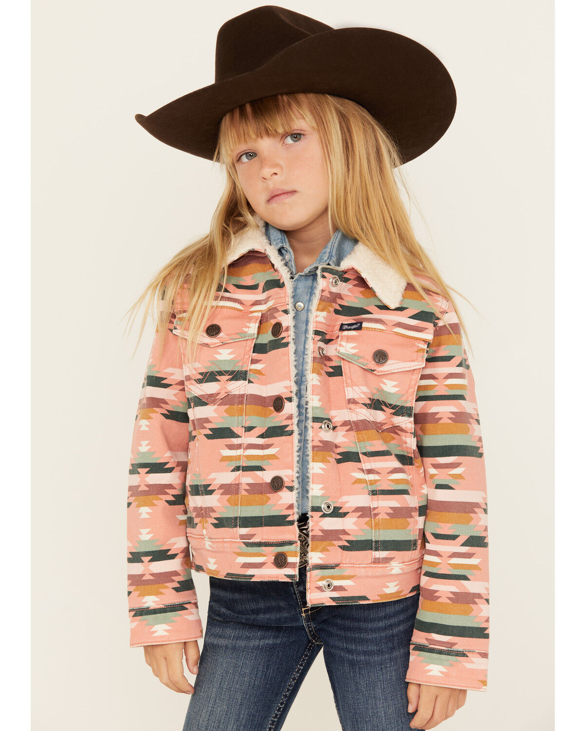 Image #1 - Wrangler Girls' Southwestern Print Sherpa Lined Jacket, Pink, hi-res