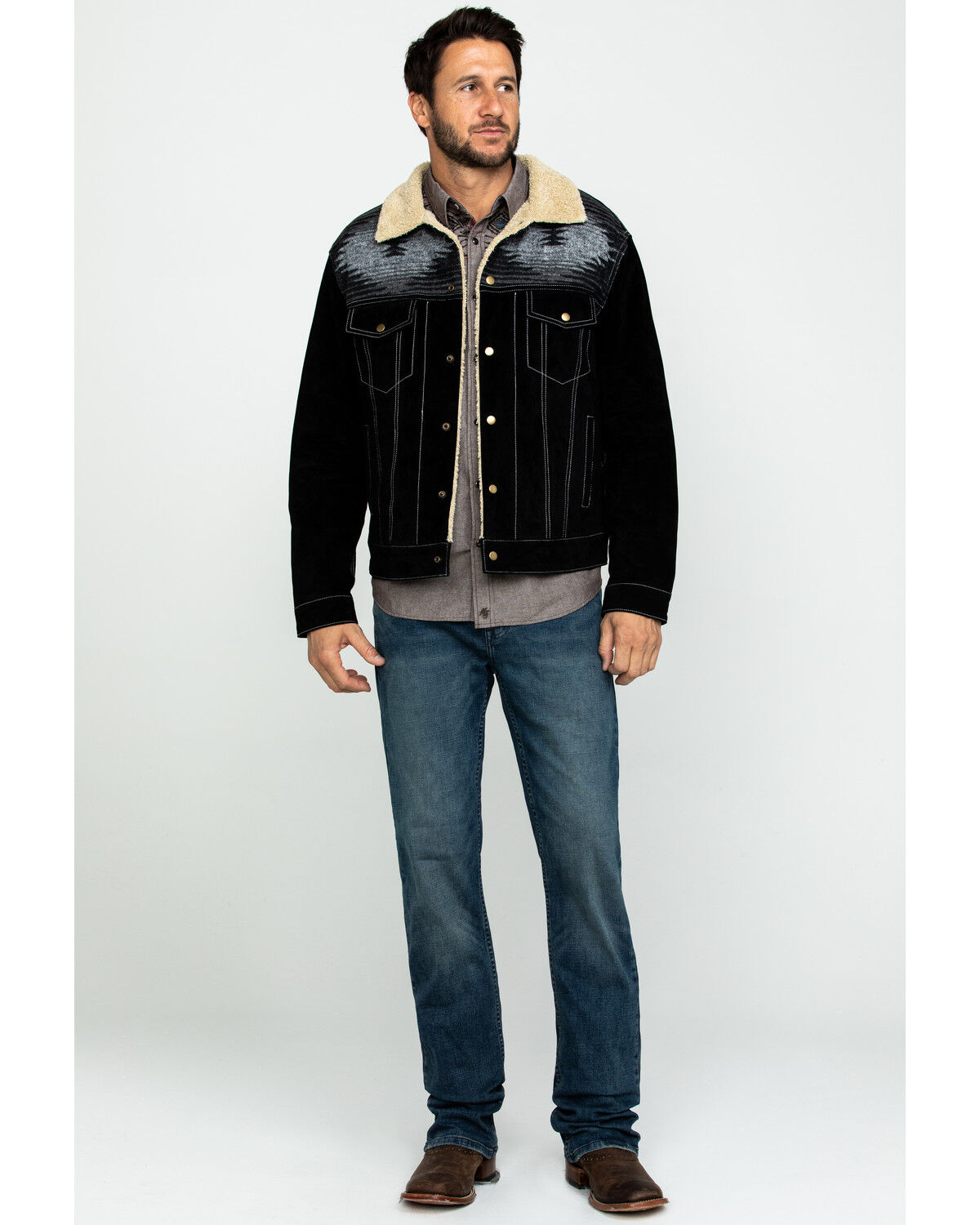 Image #6 - Scully Men's Boar Suede Southwestern Yolk Jean Jacket, Black, hi-res