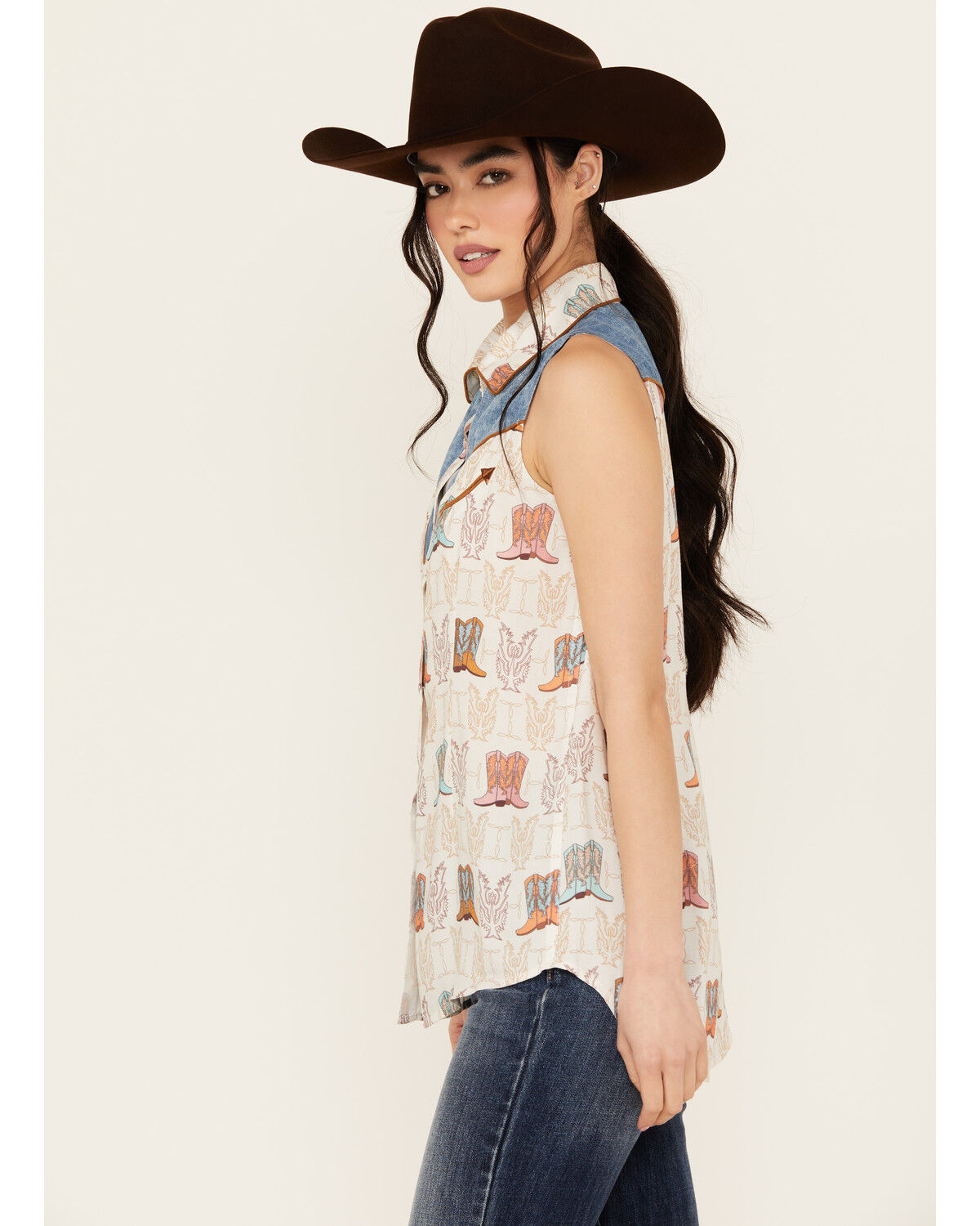 Image #2 - Panhandle Women's Boot Print Sleeveless Pearl Snap Western Shirt, Cream, hi-res