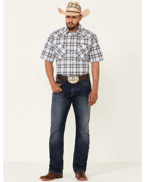 Image #2 - Rough Stock By Panhandle Men's Large Dobby Plaid Print Short Sleeve Pearl Snap Western Shirt , Blue, hi-res