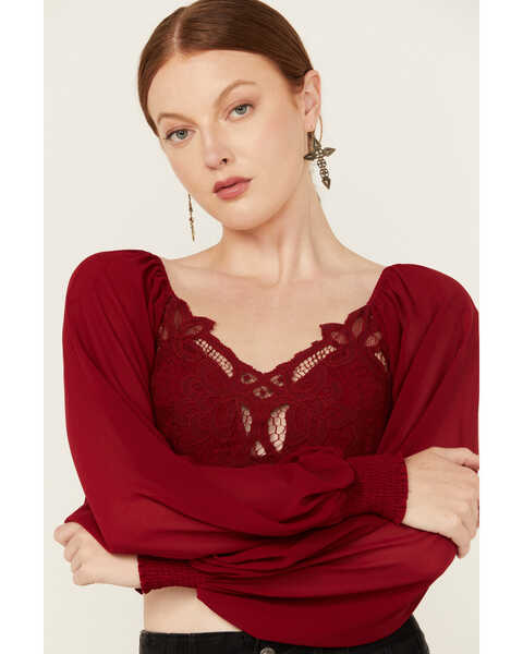 Image #2 - Flying Tomato Women's Crochet Front Long Sleeve Top , Red, hi-res