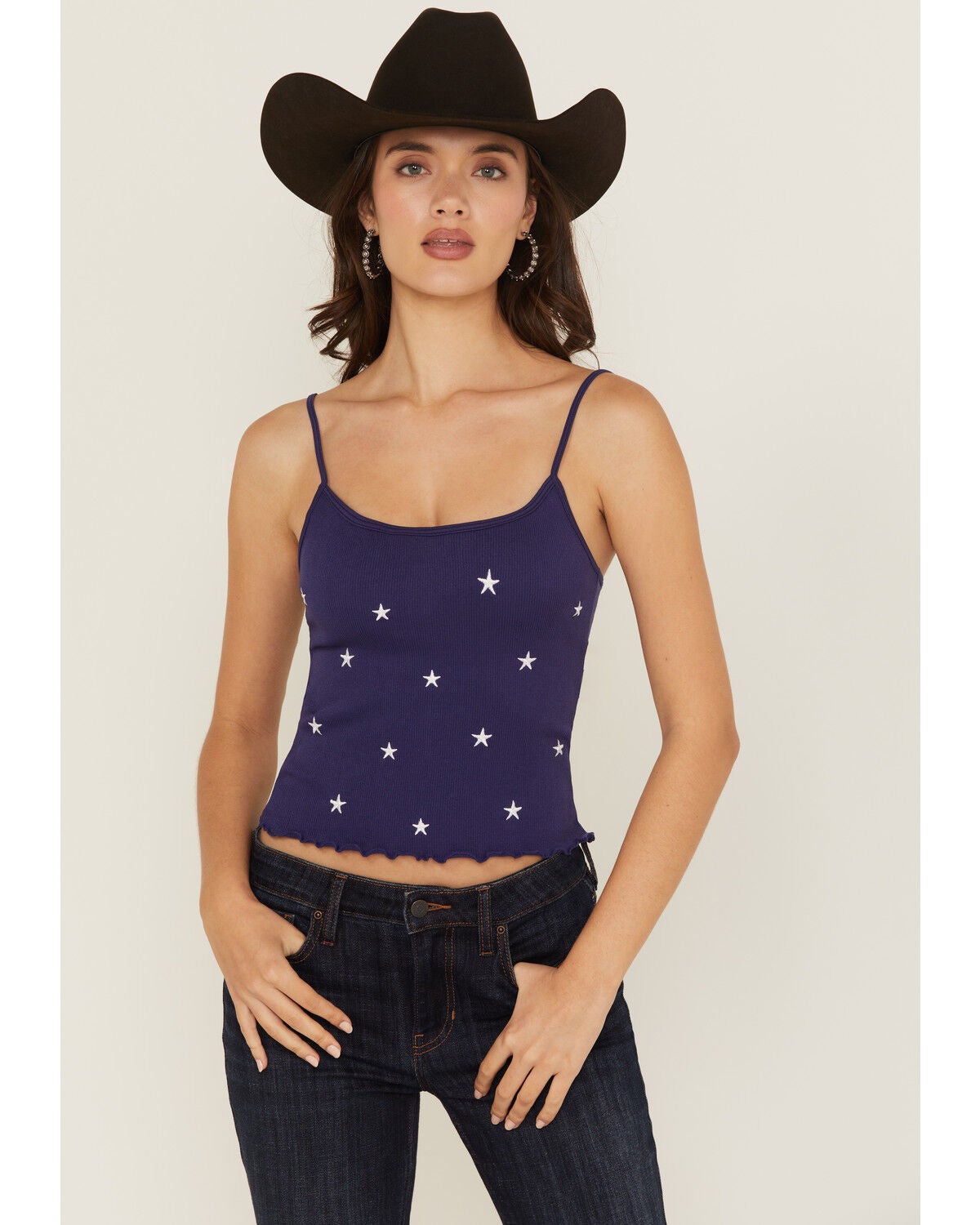 Fornia Women's Star Embroidered Sleeveless Cropped Tank Top, Navy, hi-res