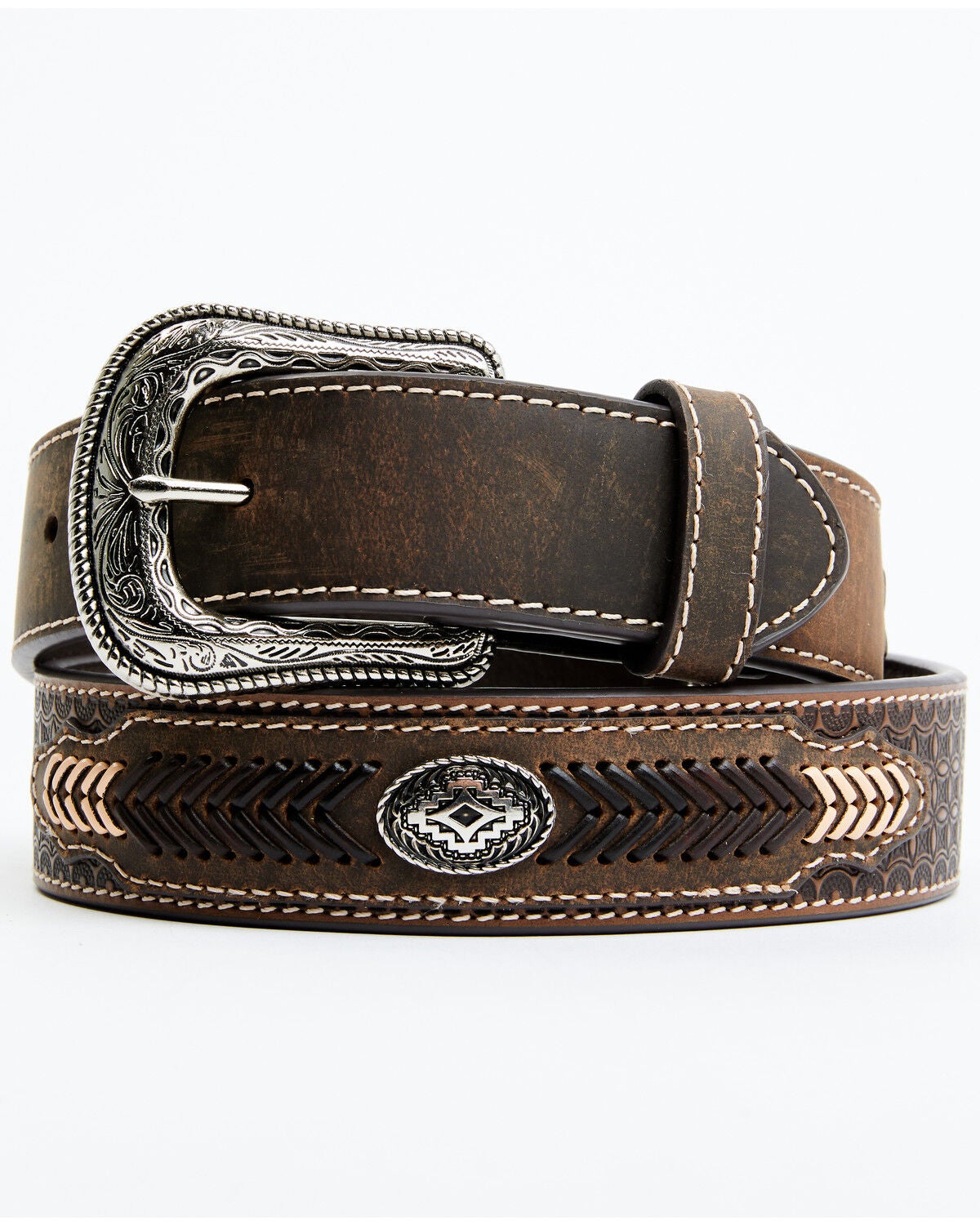 Cody James Men's Southwestern Concho Belt With Lace Detail, Brown, hi-res