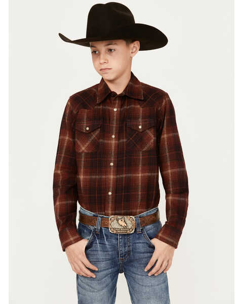 Image #1 - Ariat Boys' Retro Hiller Plaid Print Long Sleeve Snap Western Shirt, Rust Copper, hi-res