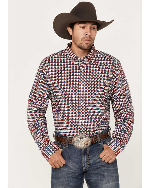 Image #1 - RANK 45® Men's Event Medium Geo Print Long Sleeve Button-Down Western Shirt, White, hi-res