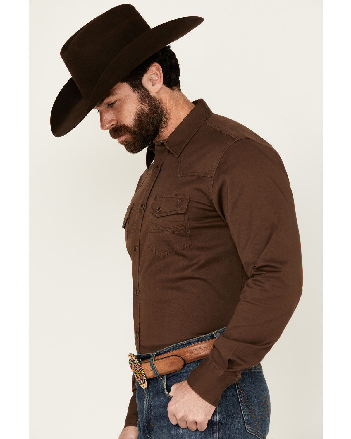 Image #2 - Blue Ranchwear Men's Rustler Solid Twill Long Sleeve Snap Western Shirt, Brown, hi-res