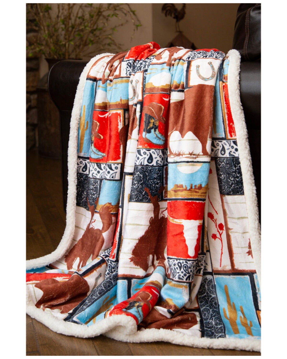 Carstens Home Wrangler Vintage Western Sherpa Throw Blanket, Blue, hi-res
