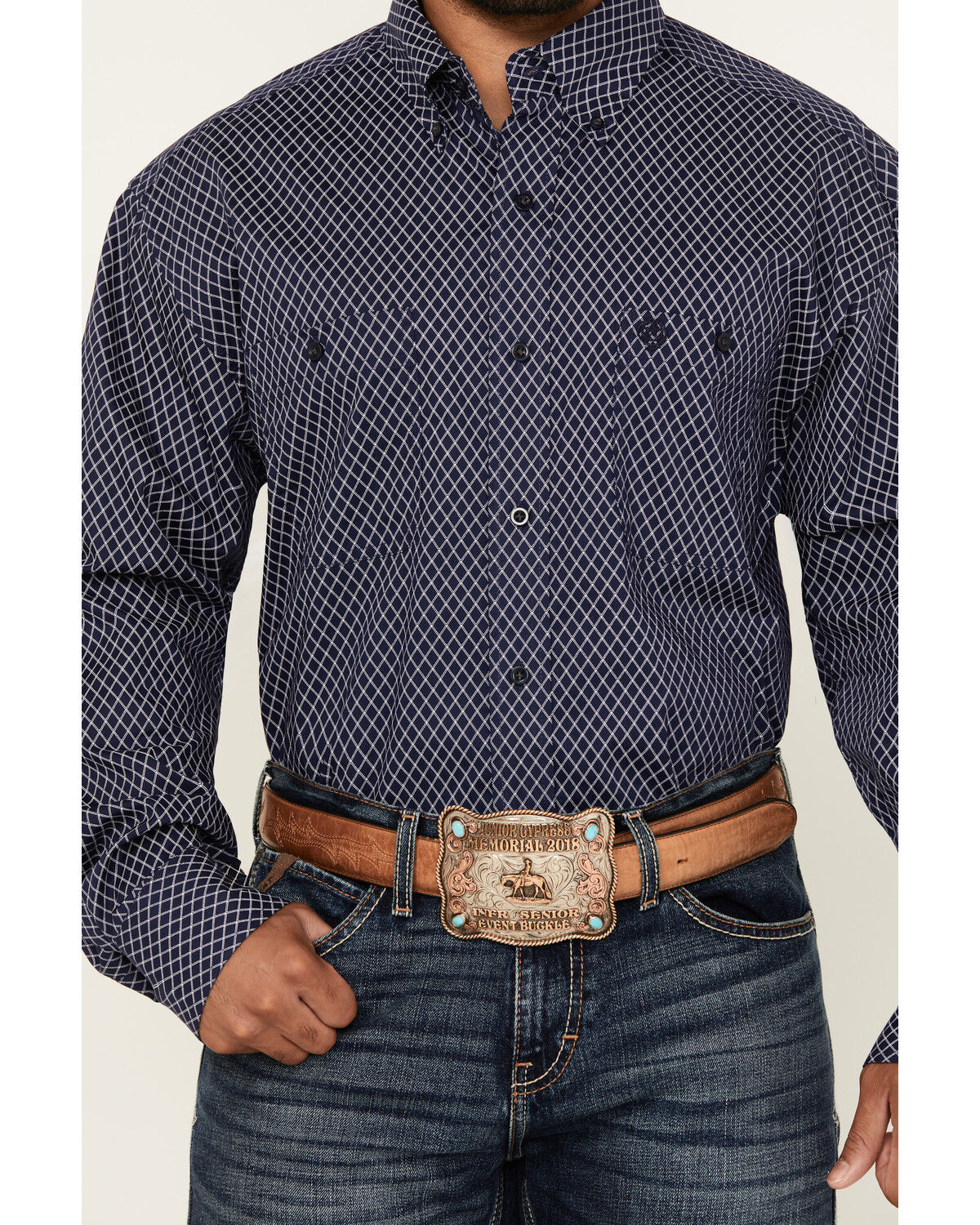 Image #3 - George Strait By Wrangler Men's Geo Print Long Sleeve Button-Down Stretch Western Shirt, Navy, hi-res