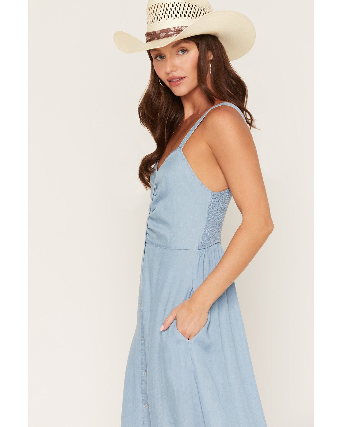 Image #2 - Lovestitch Women's Light Wash Sleeveless Snap Front Midi Dress, Light Wash, hi-res