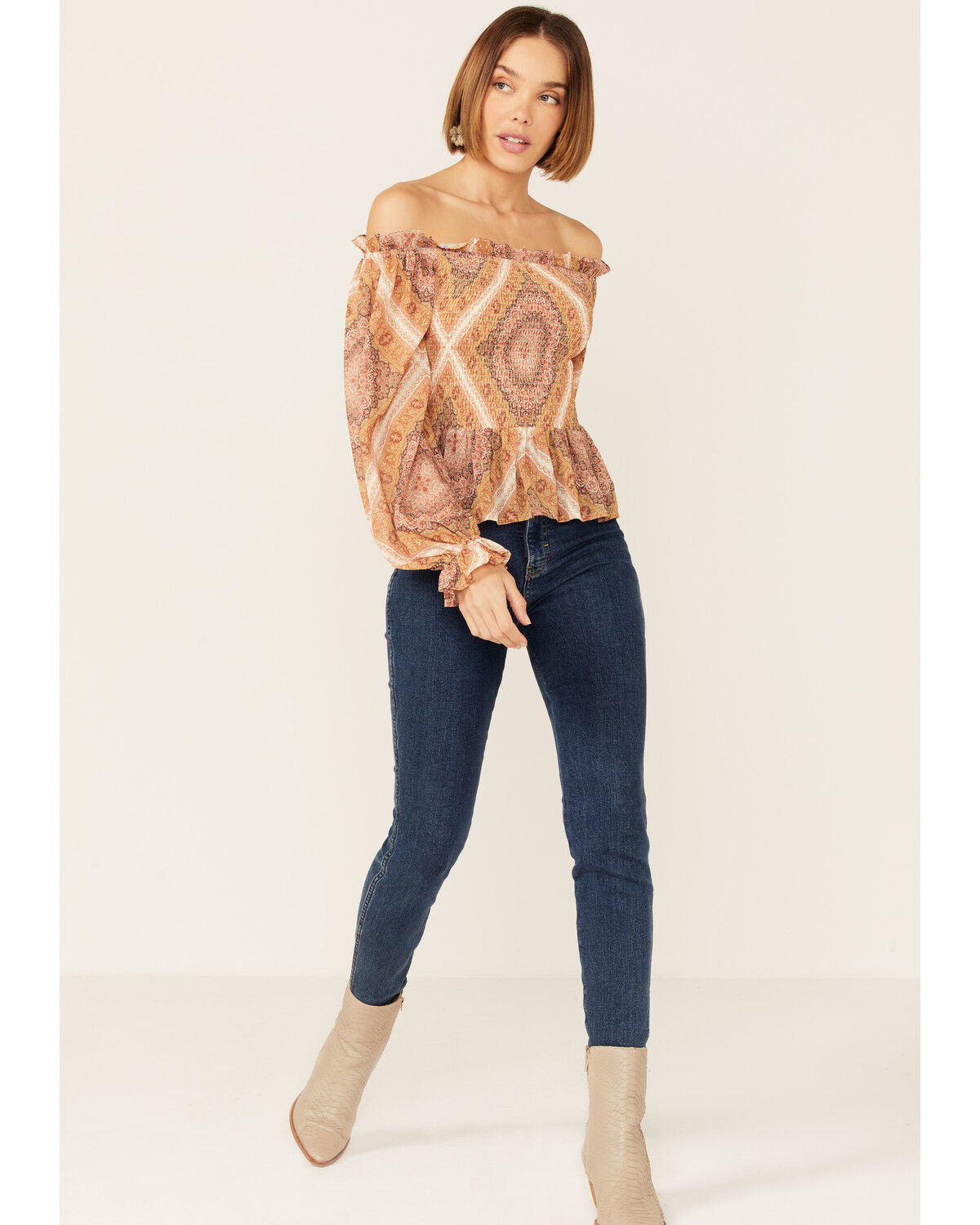 Image #4 - Flying Tomato Women's Boho Print Cold Shoulder Top, Brown, hi-res