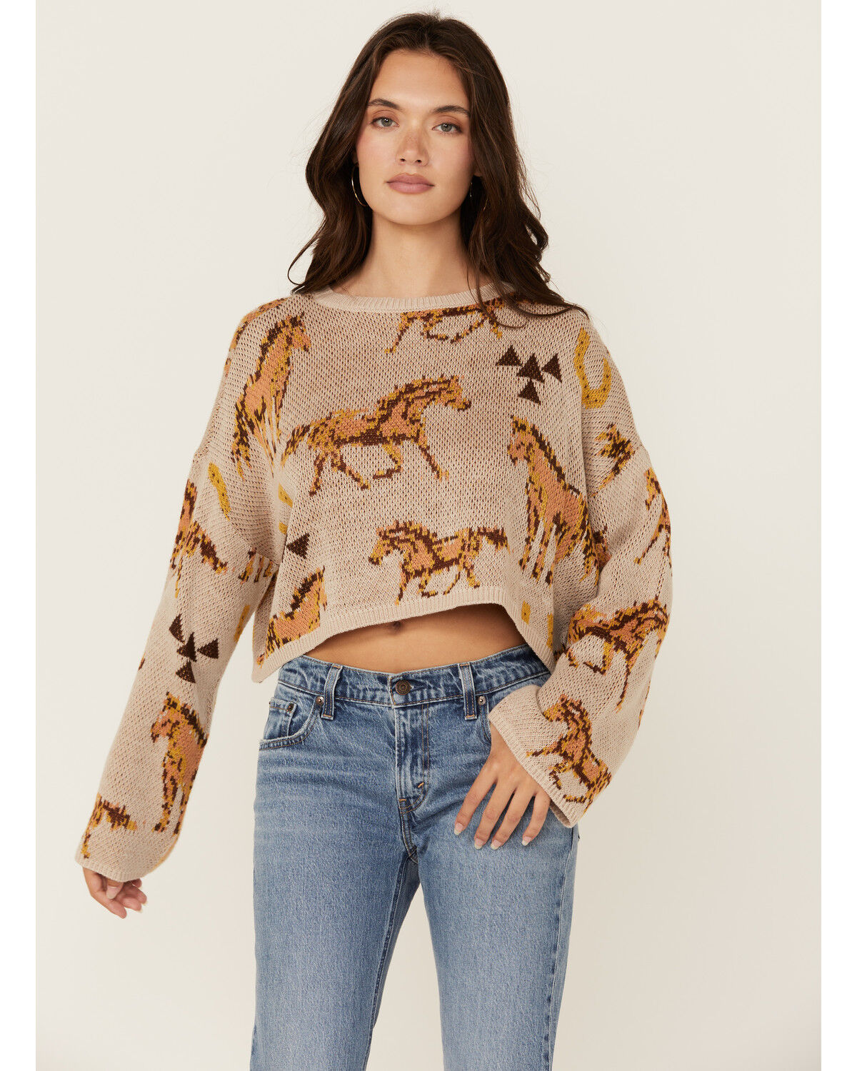 Image #1 - Rock & Roll Denim Women's Horse Print Sweater, Beige, hi-res