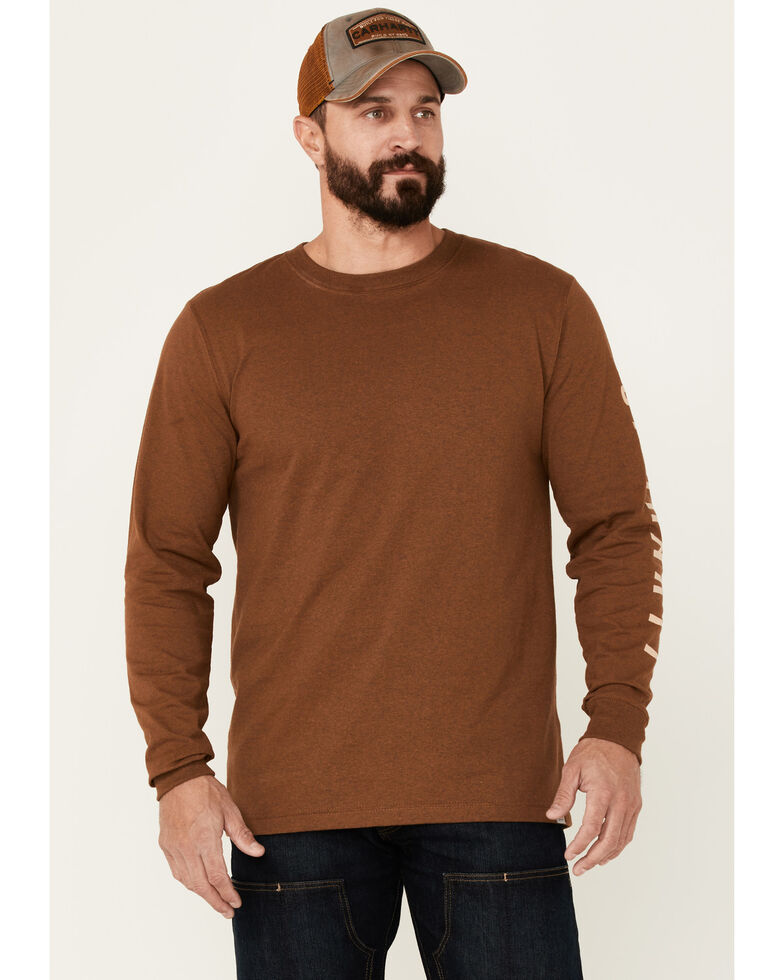 Carhartt Men's Relaxed Fit Heavyweight Logo Graphic Long Sleeve Work T-Shirt , Brown, hi-res