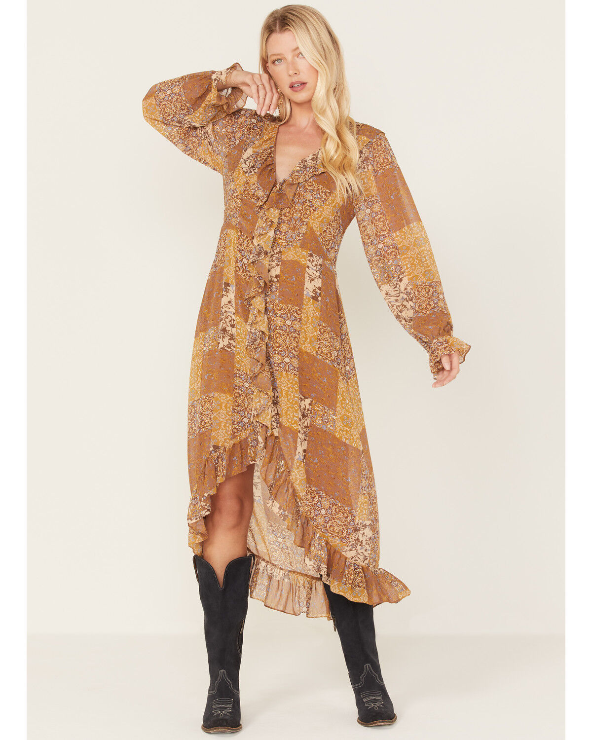 Image #1 - Beyond The Radar Women's Multi Patchwork Ruffle Midi Dress, Multi, hi-res