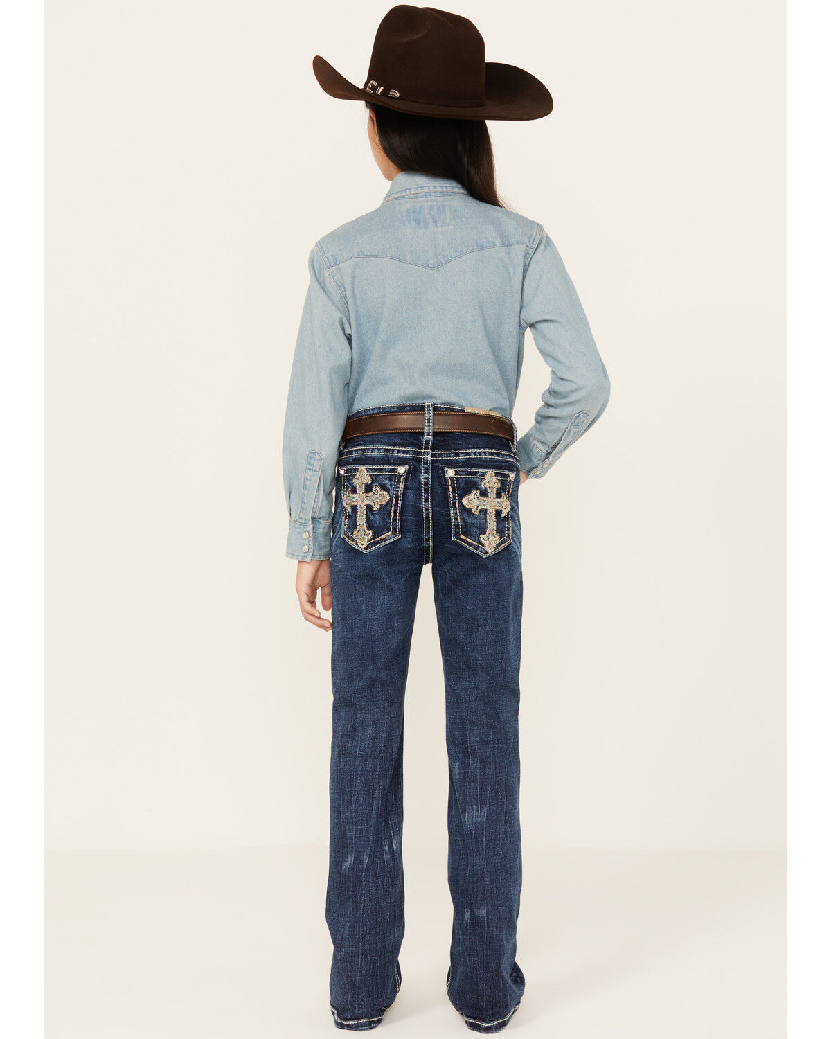 Image #1 - Miss Me Girls' Medium Wash Cross Embroidered Stretch Bootcut Jeans, Dark Blue, hi-res