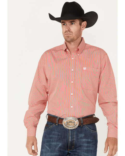 Cinch Men's Diamond Geo Print Button Down Western Shirt , Red, hi-res