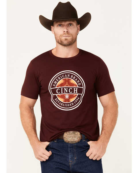 Cinch Men's Southwestern Circle Logo Short Sleeve Graphic T-Shirt , Burgundy, hi-res