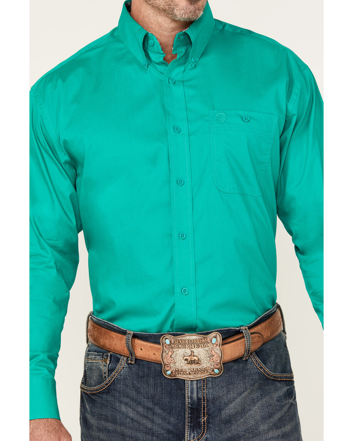 Image #3 - George Strait by Wrangler Men Solid Long Sleeve Button-Down Stretch Western Shirt, Green, hi-res